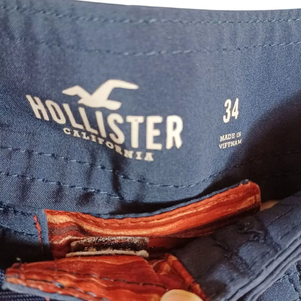 Hollister Men 34 Swim Trunks Board Shorts Red Stripe Drawstring Pocket Surfwear